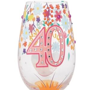 Happy 40th Lolita Stemless Wine Glass. Multicolor Floral & Bedazzled Crystals